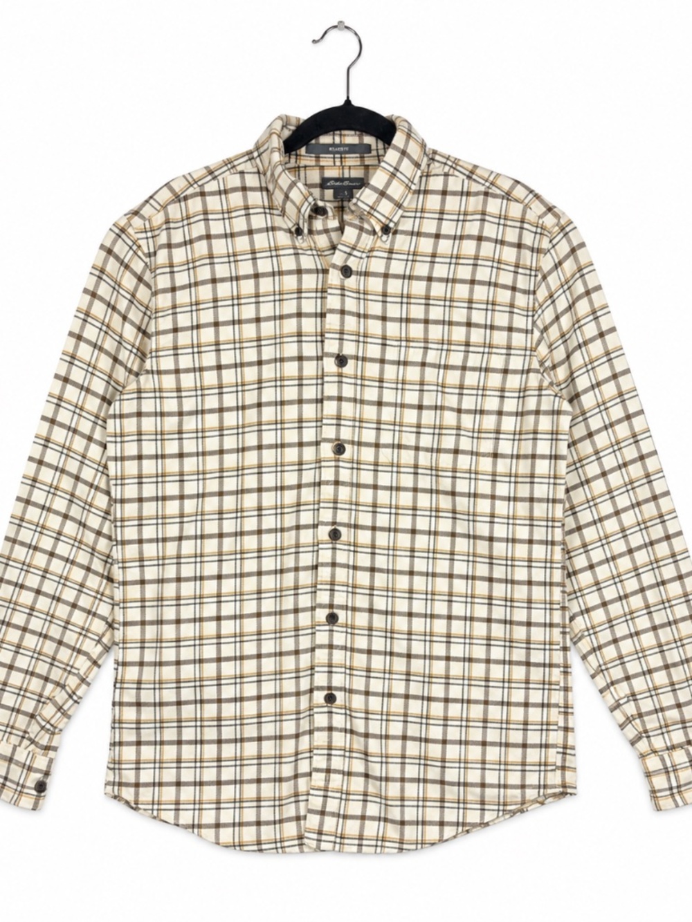 Eddie Bauer Men's Small Flannel Shirt Plaid Button Front Relaxed Fit Cream Brown